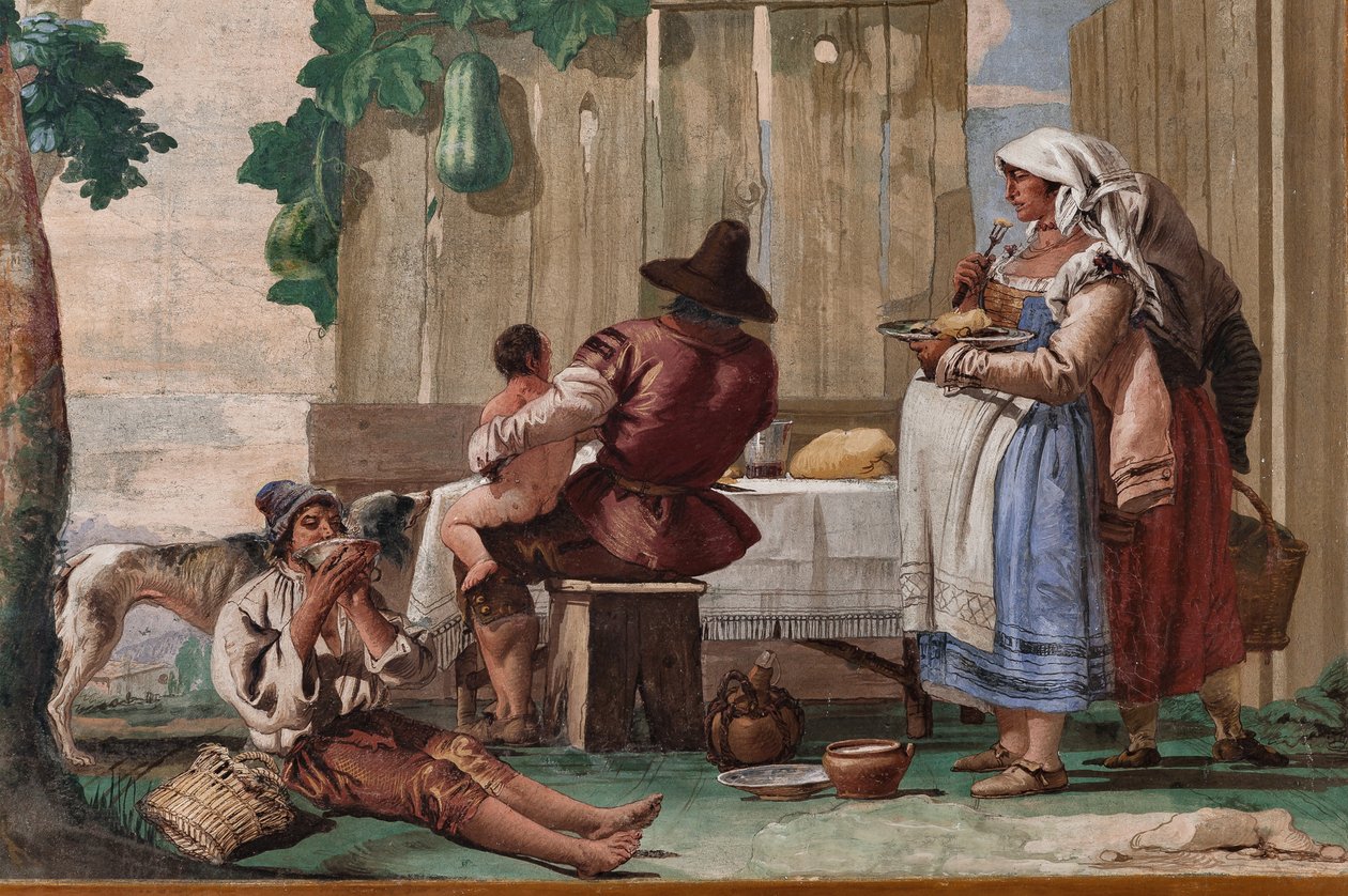 Parasztcsalád az asztalnál, a rusztikus jelenetek szobájából, a Foresteriában (Vendégház) 1757 (freskó) alkotó: Giandomenico  Tiepolo