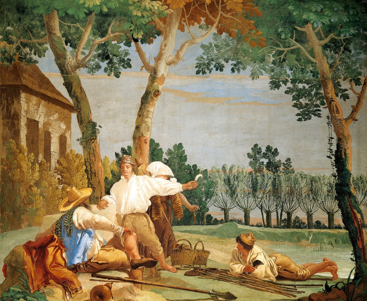 Parasztok nyugalomban, Giandomenico Tiepolo (1727-1804), freskó, rusztikus jelenetek szobája a Foresteriában (vendégház), Villa Valmarana 