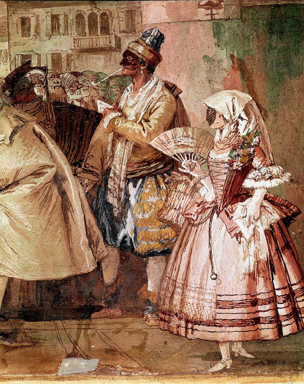 Velencei maszkok Giandomenico Tiepolo (1727-1804) freskójának részlete, 18. századi Vicenza, Villa Valmarana alkotó: Giandomenico  Tiepolo