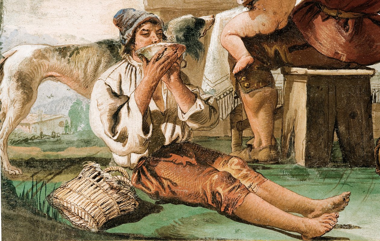 Részlet a parasztcsaládból az asztalnál, a rusztikus jelenetek szobájából, a Foresteriában, 1757 alkotó: Giovanni Domenico Tiepolo