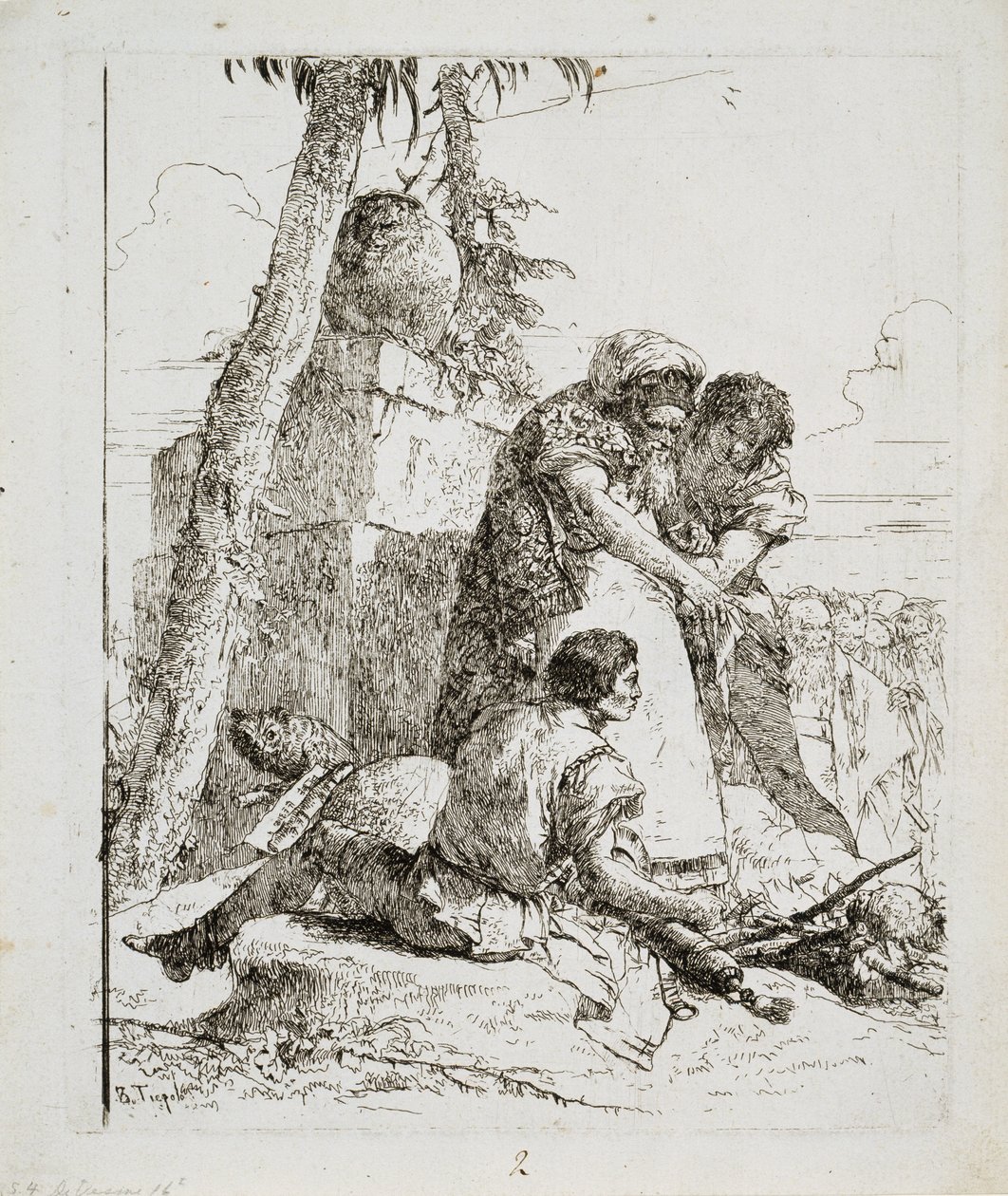 Bűvész, aki égő fejre mutat két fiatalnak, c. 1740-es évek alkotó: Giovanni Domenico Tiepolo