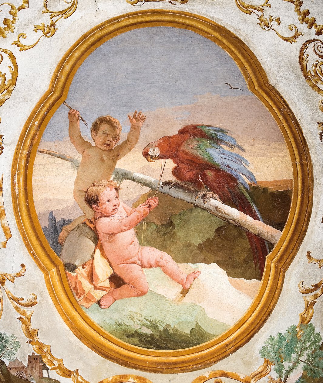 Putti papagájjal, a Foresteria Putti szobájából (Vendégház) 1757 alkotó: Giovanni Domenico Tiepolo