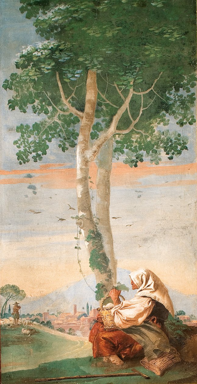 Az idős parasztasszony egy fa alatt ülve egy kosár tojással, a Vidéki jelenetek szobájából, 1757 alkotó: Giovanni Domenico Tiepolo