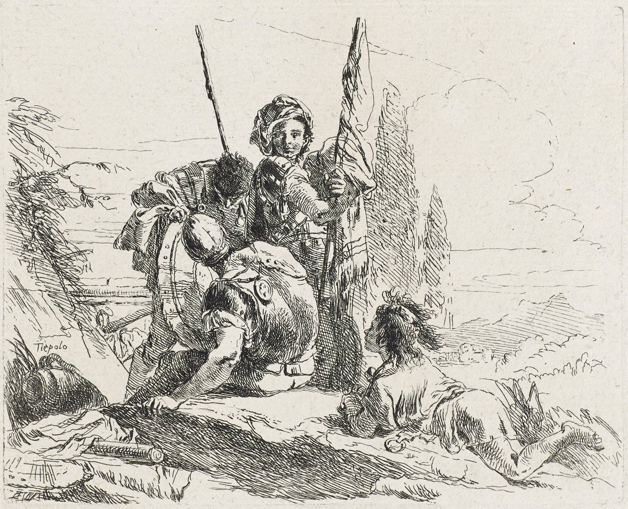 Három katona és egy fiú, 1749 alkotó: Giovanni Domenico Tiepolo