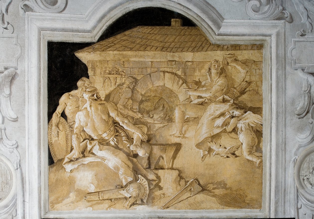 Vulkán a kovácsműhelyében, az Aeneis szobájából a Palazzinában, 1757 alkotó: Giovanni Domenico Tiepolo