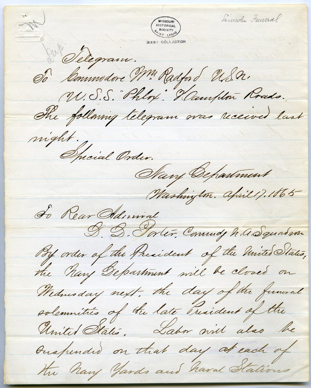 Rendelést tartalmaz az összes haditengerészeti hajóra Abraham Lincoln temetésének napján alkotó: Gideon Welles