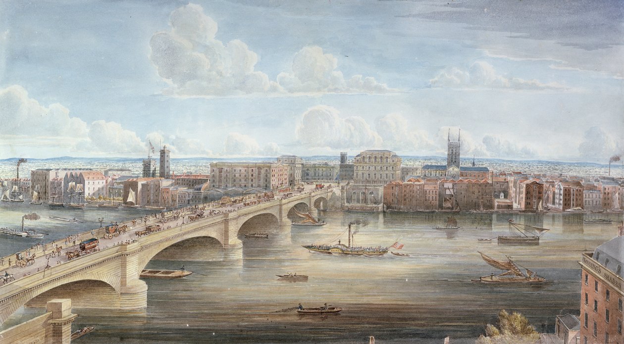Egy másik nézet a New London Bridge-ről, amely a nyugati frontot mutatja, Southwark felé néz, és távoli kilátást nyújt Surrey-re, 1838 alkotó: Gideon Yates