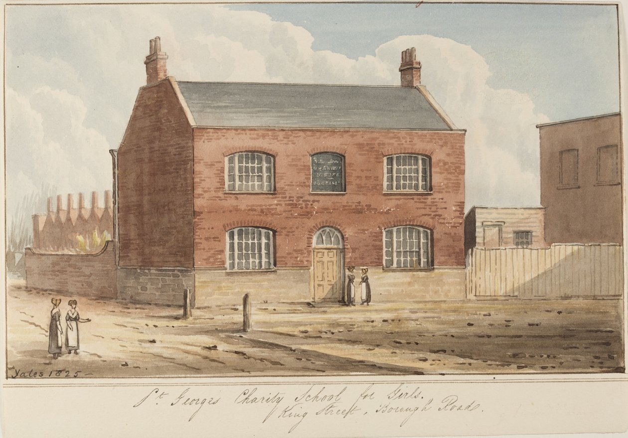 Kilátás a St Georges Charity School for Girlsre a King Street-en, Southwarkban. A King Street ma Newcomen Street néven ismert, 1825 (wc papíron) alkotó: Gideon Yates