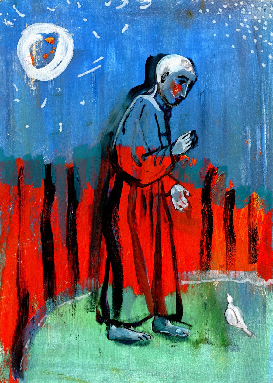 A madarak etetése. Giotto után, 2015, (olaj, papír) alkotó: Gigi Sudbury