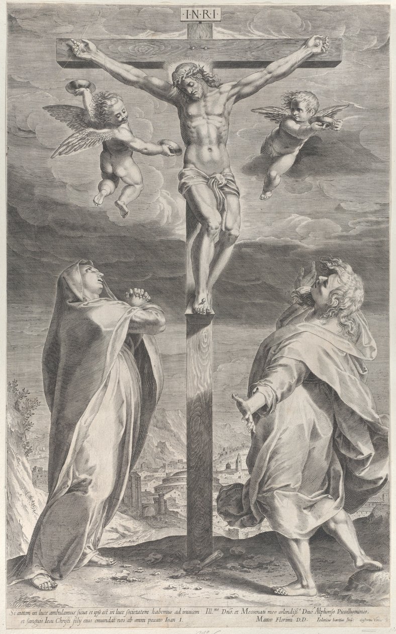 Keresztre feszítés Szűz Máriával és Szent János evangélistával, angyalok a fejük felett, kb. 1593., kb. 1593 alkotó: Gijsbert Van Veen
