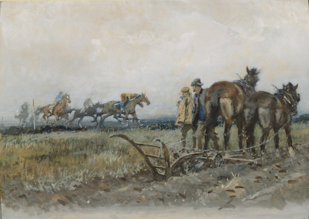 Versenylovak az edzésen szántók által figyelve (wc és gouache a fedélzeten) alkotó: Gilbert Holiday