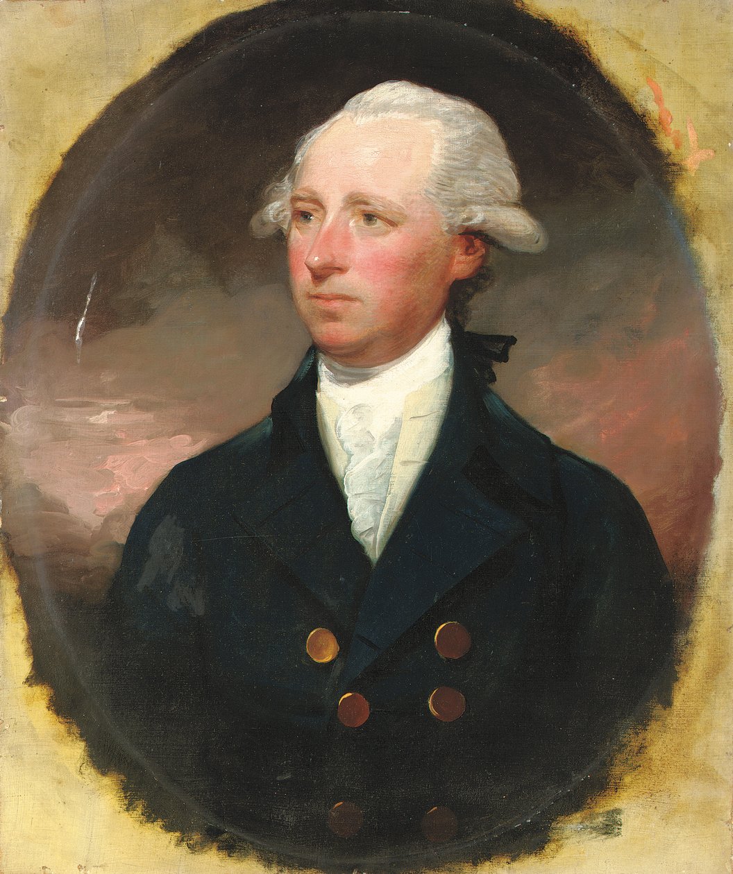 Sir Thomas George Skipwith portréja, félalakos, kék kabátban, színlelt ovális alkotó: Gilbert Stuart