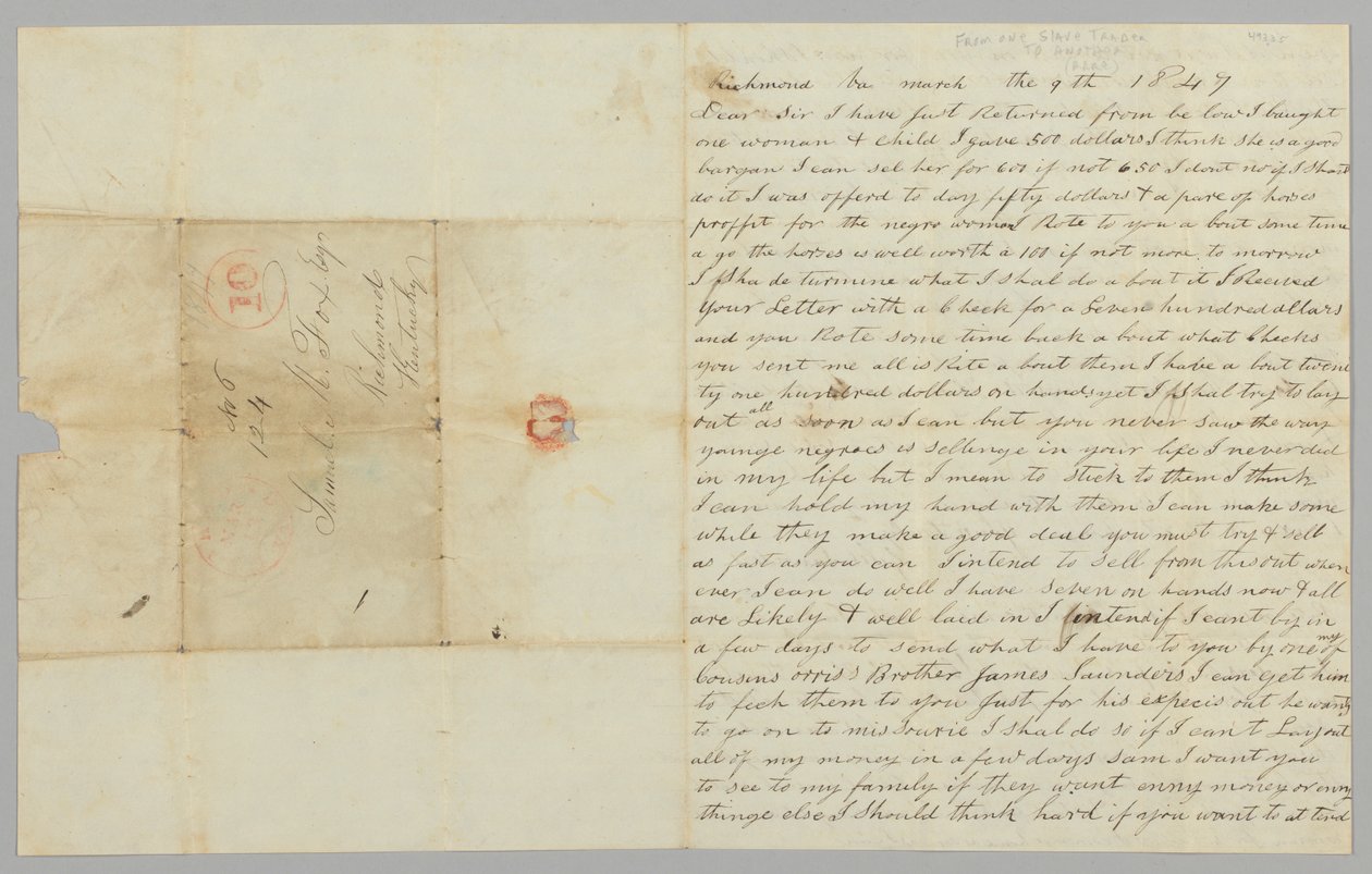 Giles Saunders levele Samuel Foxnak a rabszolga-kereskedelemről, 1847. március 9. alkotó: Giles Saunders