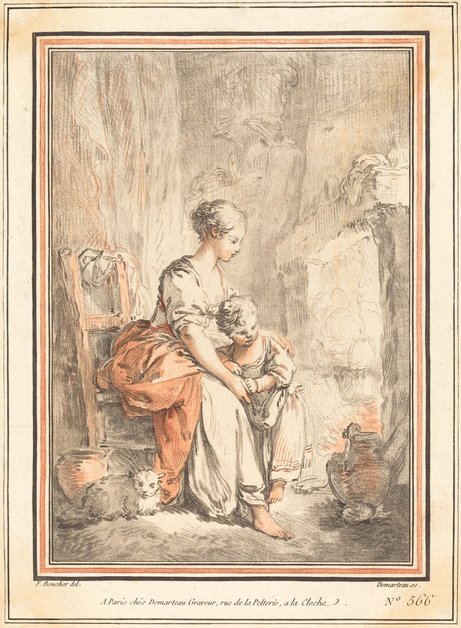Nő és gyermek kandalló előtt alkotó: Gilles Antoine Demarteau after François Boucher