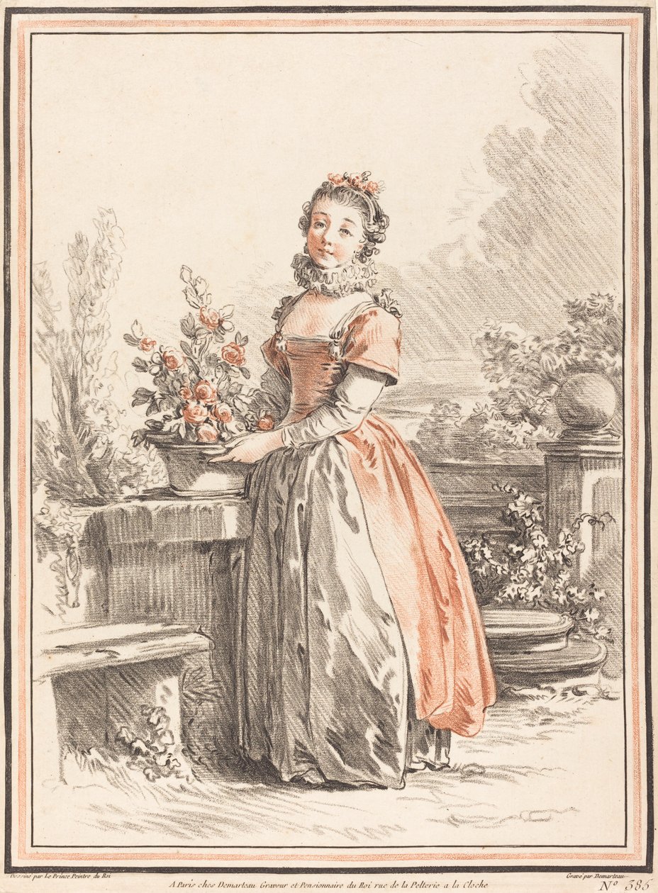 Egy fiatal nő egy parkban áll alkotó: Gilles Antoine Demarteau after Jean Baptiste Le Prince