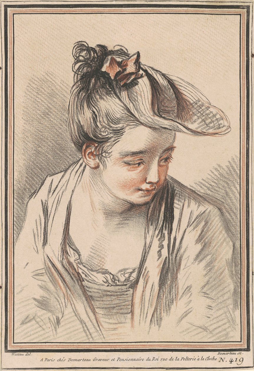 Egy kalapot viselő fiatal nő feje alkotó: Gilles Demarteau the Elder after Antoine Watteau
