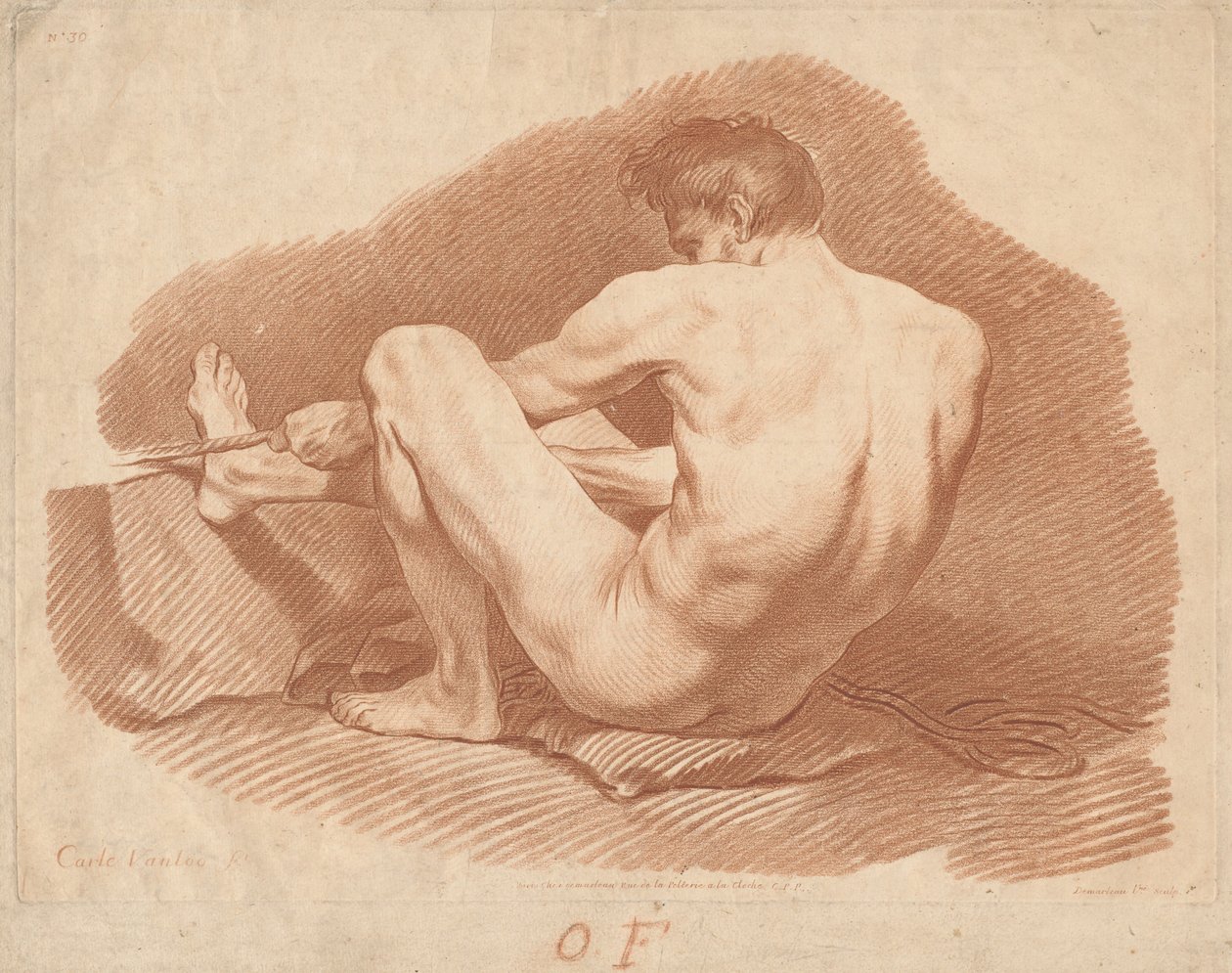 Ülő meztelen férfi, hátulról nézve, kötelet húz alkotó: Gilles Demarteau, the Elder after Carle Van Loo