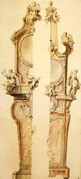 Óra és légnyomásmérő tok tervezése hőmérővel, két változat, 1730-as évek eleje (toll, ecset, indiai tinta és akvarell papíron) alkotó: Gilles Marie Oppenord