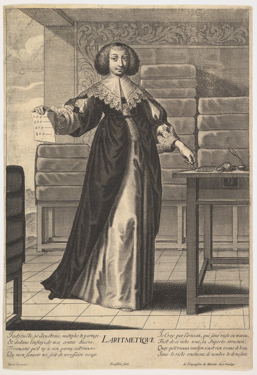Számtan: egy fiatal nő asztalnál áll, kezében egy lapot, amelyen i... számok vannak írva, 1633-35. alkotó: Gilles Rousselet