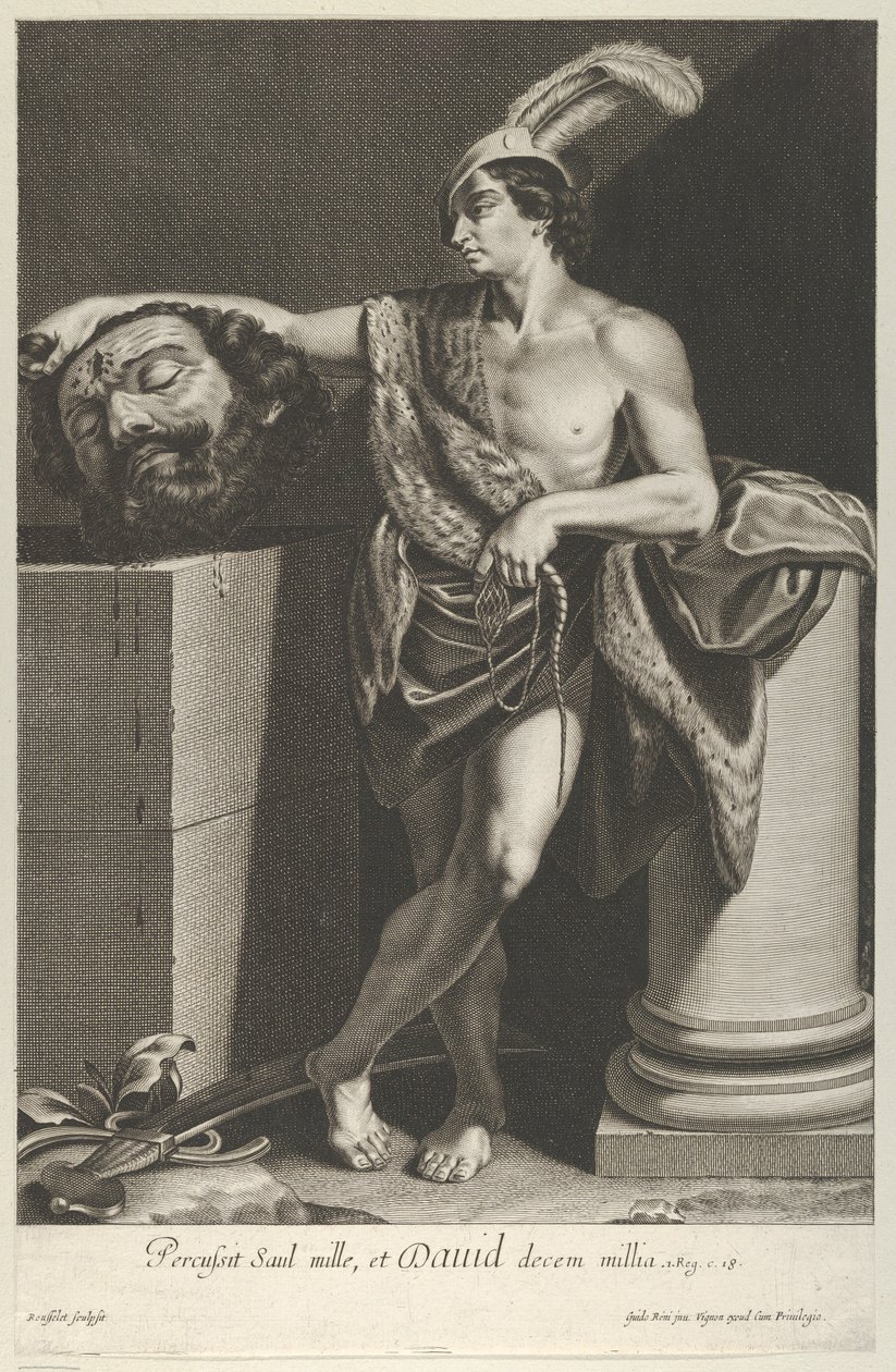 Dávid keresztbe tett lábbal áll, és Góliát fejét tartja egy talapzaton, kb. 1635-45. alkotó: Gilles Rousselet