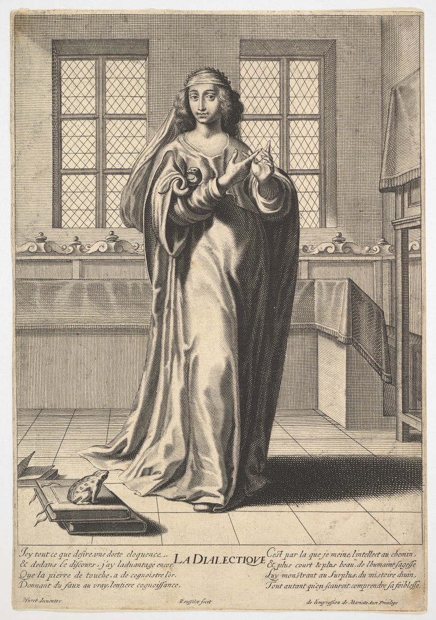 Dialektika: egy díszített belső térben álló fiatal nő, aki megérinti a jobb indexét ..., 1633-35. alkotó: Gilles Rousselet