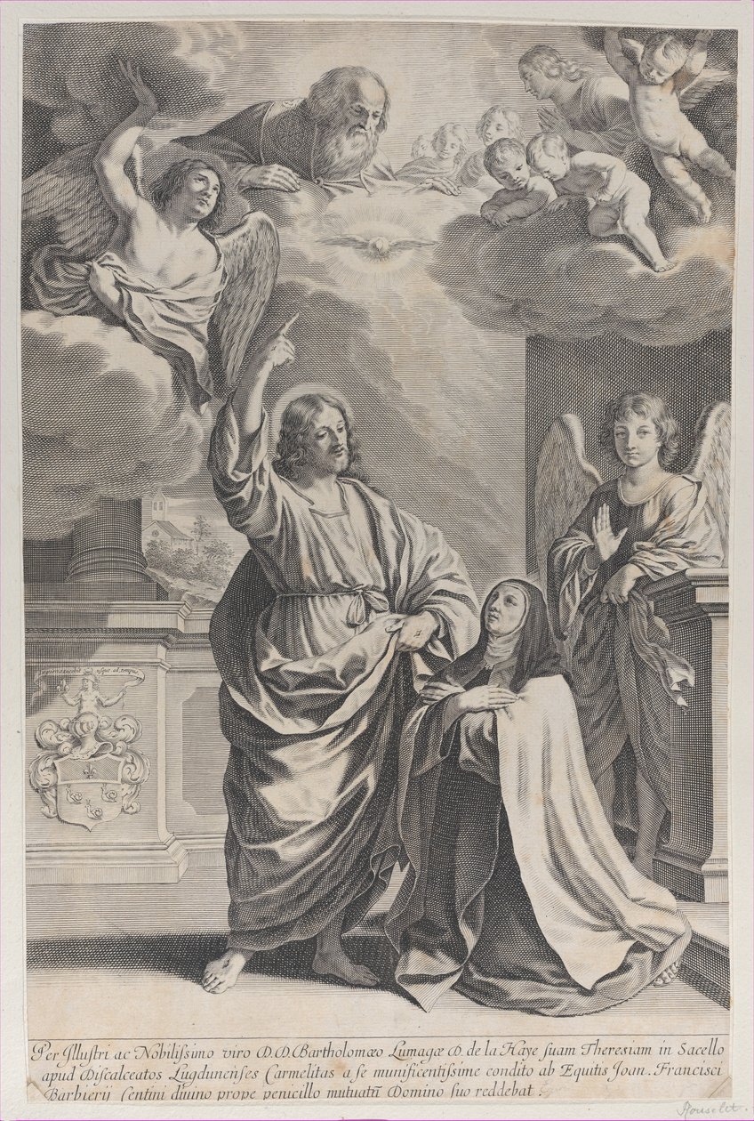 Szent Teréz Krisztus mellett imádkozik, aki felfelé mutat az Atyaistenre és a ..., 1635-1700. alkotó: Gilles Rousselet