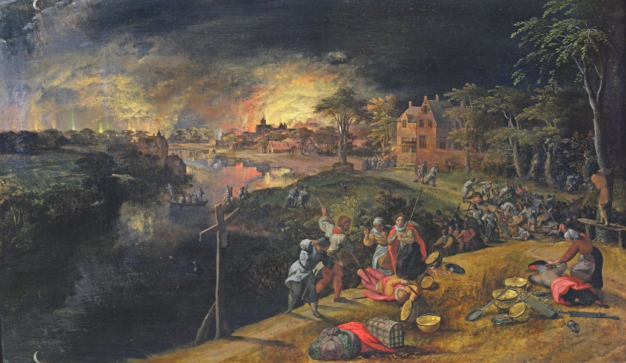 Egy tűzvészes háború jelenete, 1569 alkotó: Gillis Mostaert