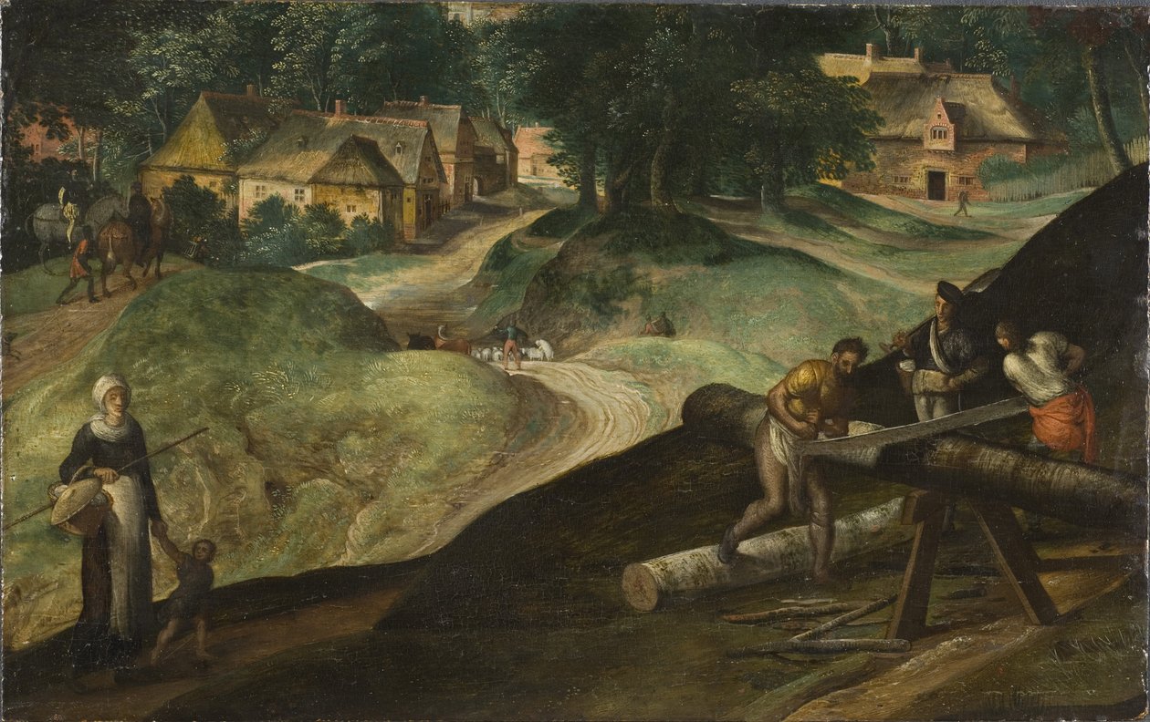 Táj fűrészáru férfiakkal – Tájkép fűrészáru férfiakkal, Mostaert, Gillis (1534-1598). olaj a fára alkotó: Gillis Mostaert