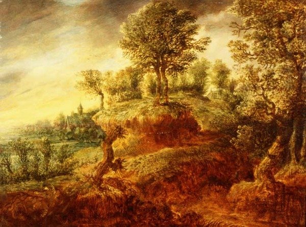 Erdős táj, ösvényen kocsival, azon túl pedig templommal alkotó: Gillis Neyts