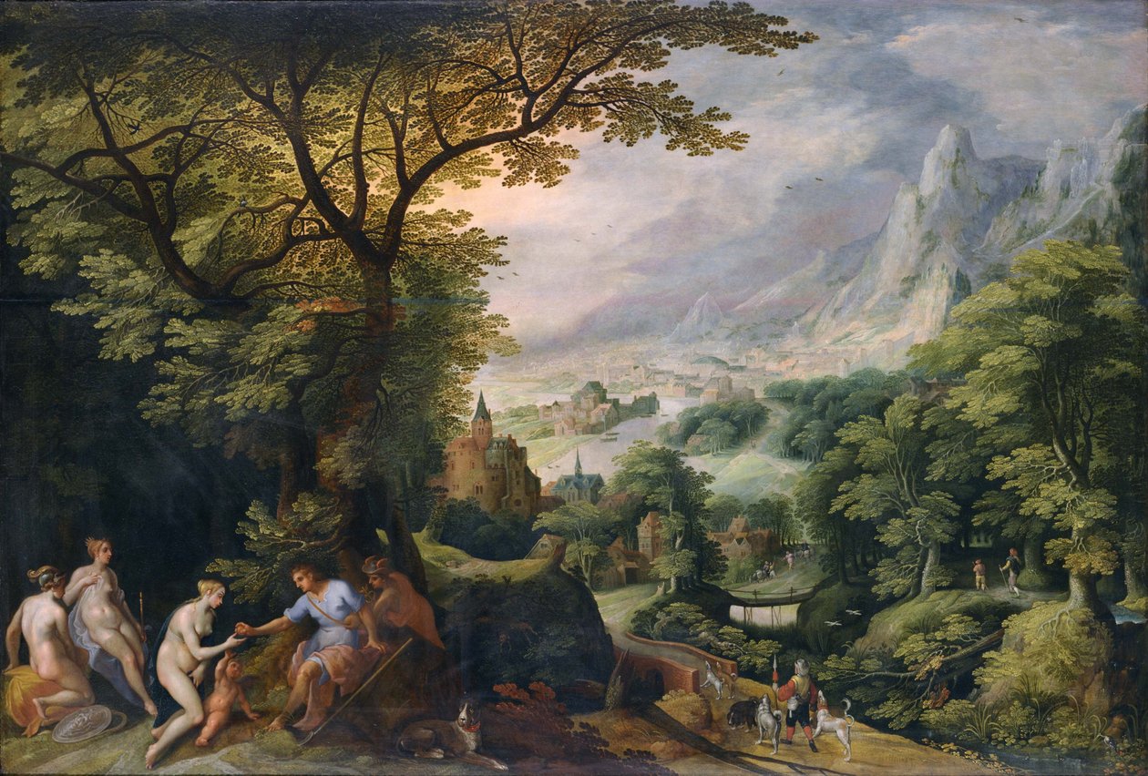 Hegyvidéki táj, amelyben a "Párizsi ítélet" ábrázolva van. alkotó: Gillis van Coninxloo