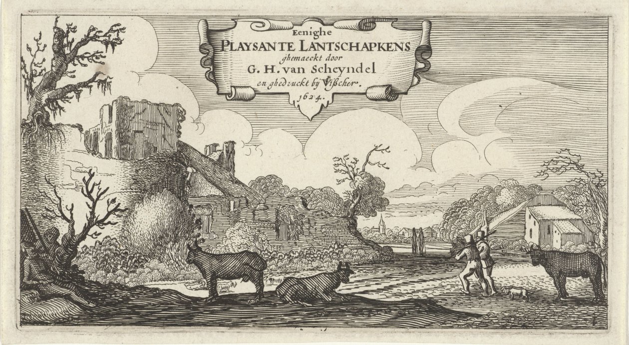 Tizenkét tájkép címnyomata figurákkal Eenighe Playsante Lantschapkens (cím a tárgyon) Tizenkét táj figurákkal (sorozat címe) alkotó: Gillis van Scheyndel (I)