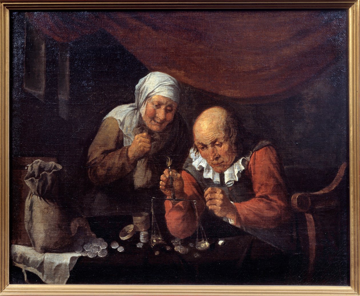 A kapzsi öreg pár mérlegeli vagyonát. Gillis Van Tilborgh (vagy Tilborch) festménye alkotó: Gillis van Tilborgh