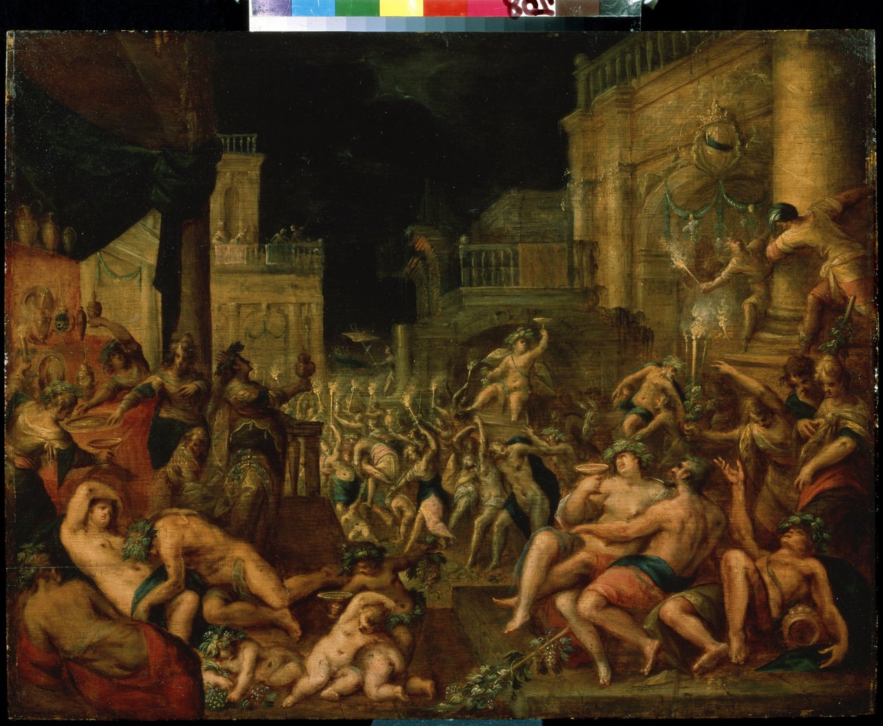 Midas lakomája Bacchus és Silenus tiszteletére. Gillis van Valckenborch (1570-1622) festménye. Olaj, fa, Mérete: 61,6 x 78,7 cm Flamand barokk stílusú műalkotás. Puskin Szépművészeti Múzeum, Moszkva. alkotó: Gillis van Valckenborch