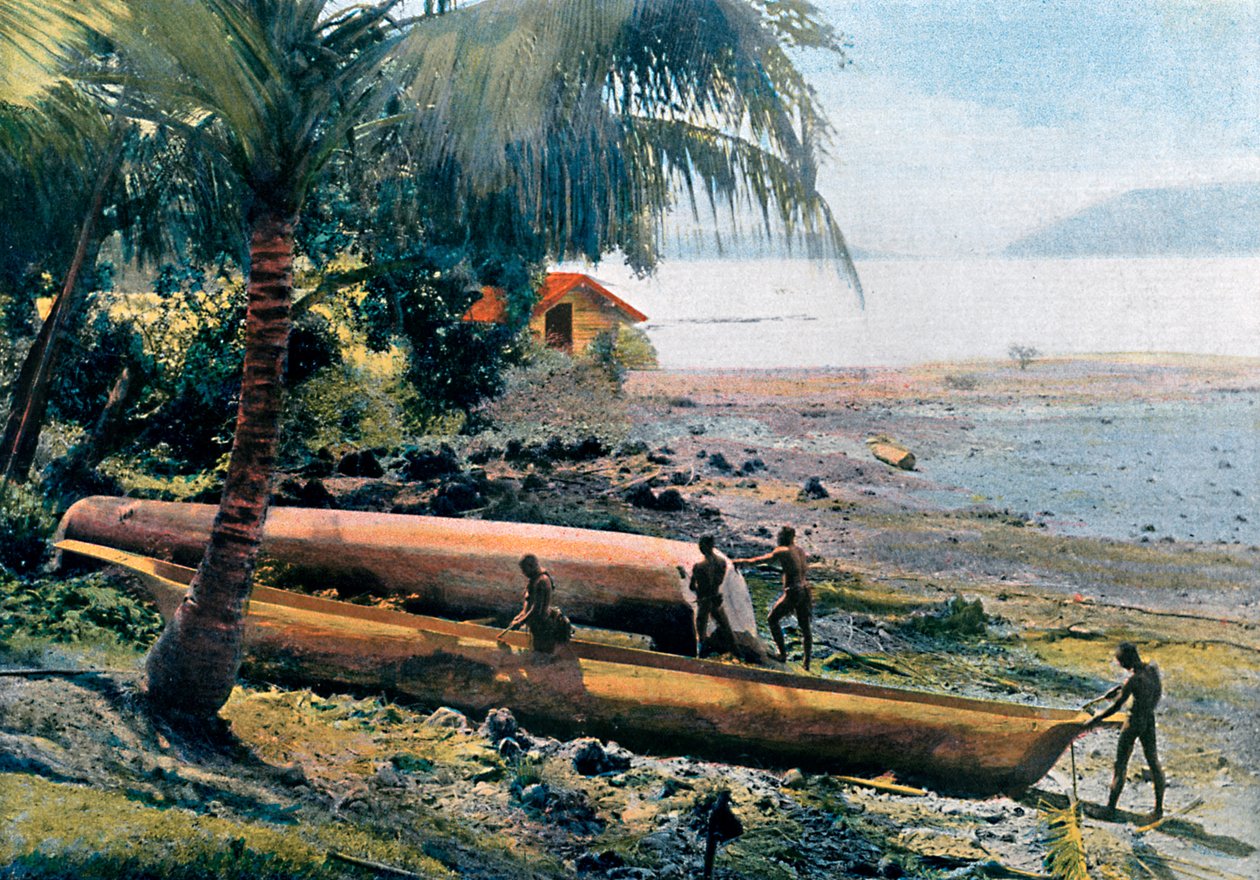 Kenuk építése, Andamán- és Nicobar-szigetek, Indiai-óceán, 1890 körül alkotó: Gillot