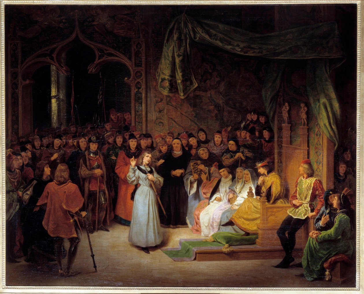 Jeanne of Arc (1412-1431) VII. Károly király (1403-1481) előtt Chinonban, válasz az elöljáróknak, akik kérdeznek, 1429. február Gillot Saint-Evre (1791-1858) festménye 1832 V. 1,42 x 1,67 m alkotó: Gillot Saint Evre