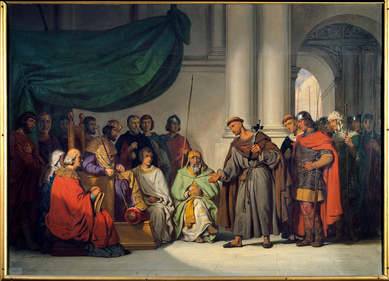 Első keresztes hadjárat: „” Alexis Comnene keleti császár (1048-1118) fogadja Remete Pétert, aki eljött, hogy buzdítsa őt a konstantinápolyi keresztes hadjáratra 1096 augusztusában”” Gillot Saint Evre (1791-1858) festménye 1839 V. 0,98 x 1,36 m Versailles. alkotó: Gillot Saint Evre