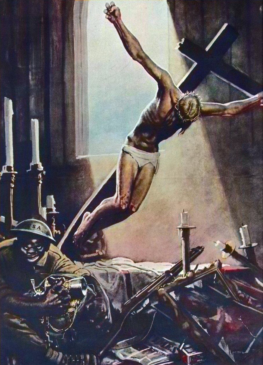 Anti-Amerika második világháborús poszter - Fekete amerikai fosztogató templom - Gino Boccasile (1901-1952) plakátja - USA elleni olasz propaganda 1943 - Gino Boccasile (1901-1952) plakátja alkotó: Gino Boccasile