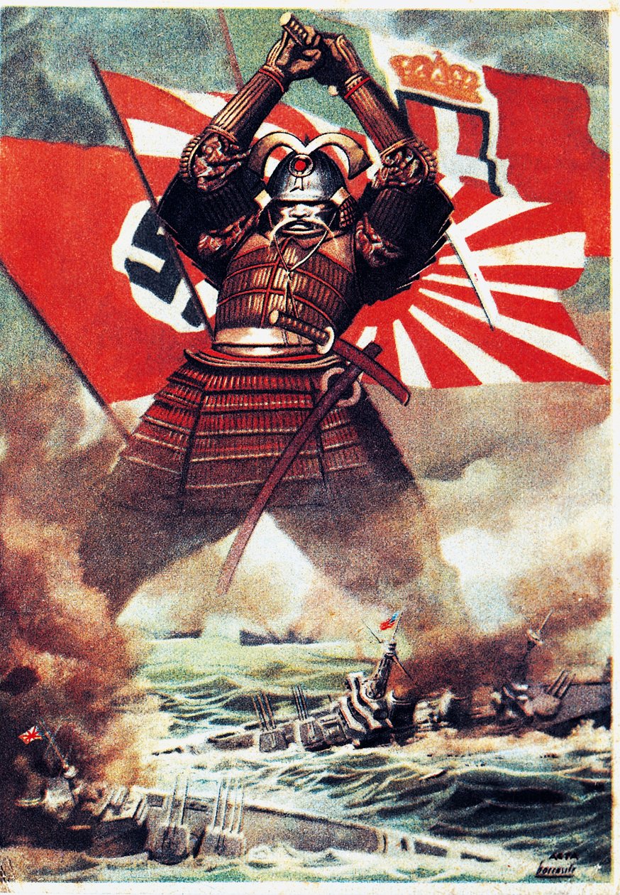 Japán szamuráj elsüllyeszti az amerikai flottát Pearl Harborban (1941. december 7.), Gino Boccasile (1901-1952) plakátja, II. világháború, Olaszország, 20. század alkotó: Gino Boccasile