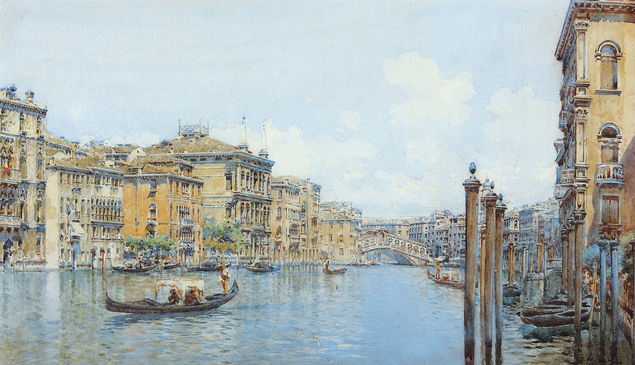 A Grand Canal kilátással a Papadopoli palotára a Rialto híd előtt (wc és ceruza papíron) alkotó: Gino de Colle