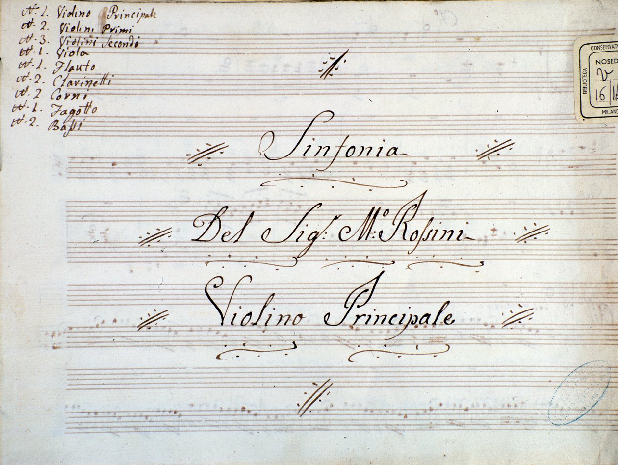 Gioacchino Rossini szimfóniájához készült hegedűs kotta első oldalának részlete alkotó: Gioachino Rossini