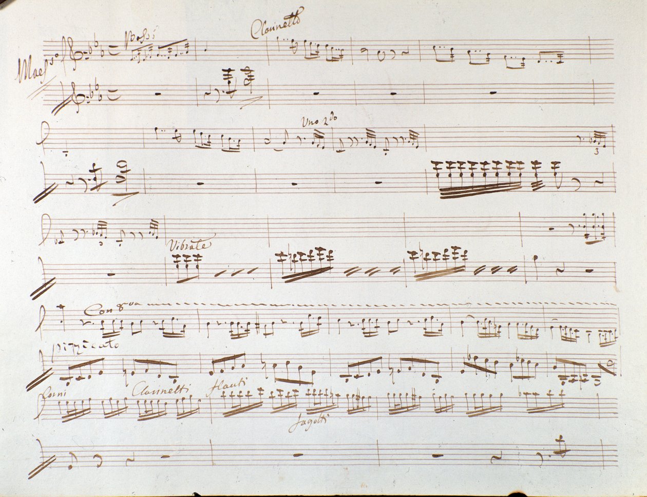 Gioacchino Rossini Hamupipőke vagy a Jóság diadala című szimfóniájának hegedű partitúrájának oldala alkotó: Gioachino Rossini