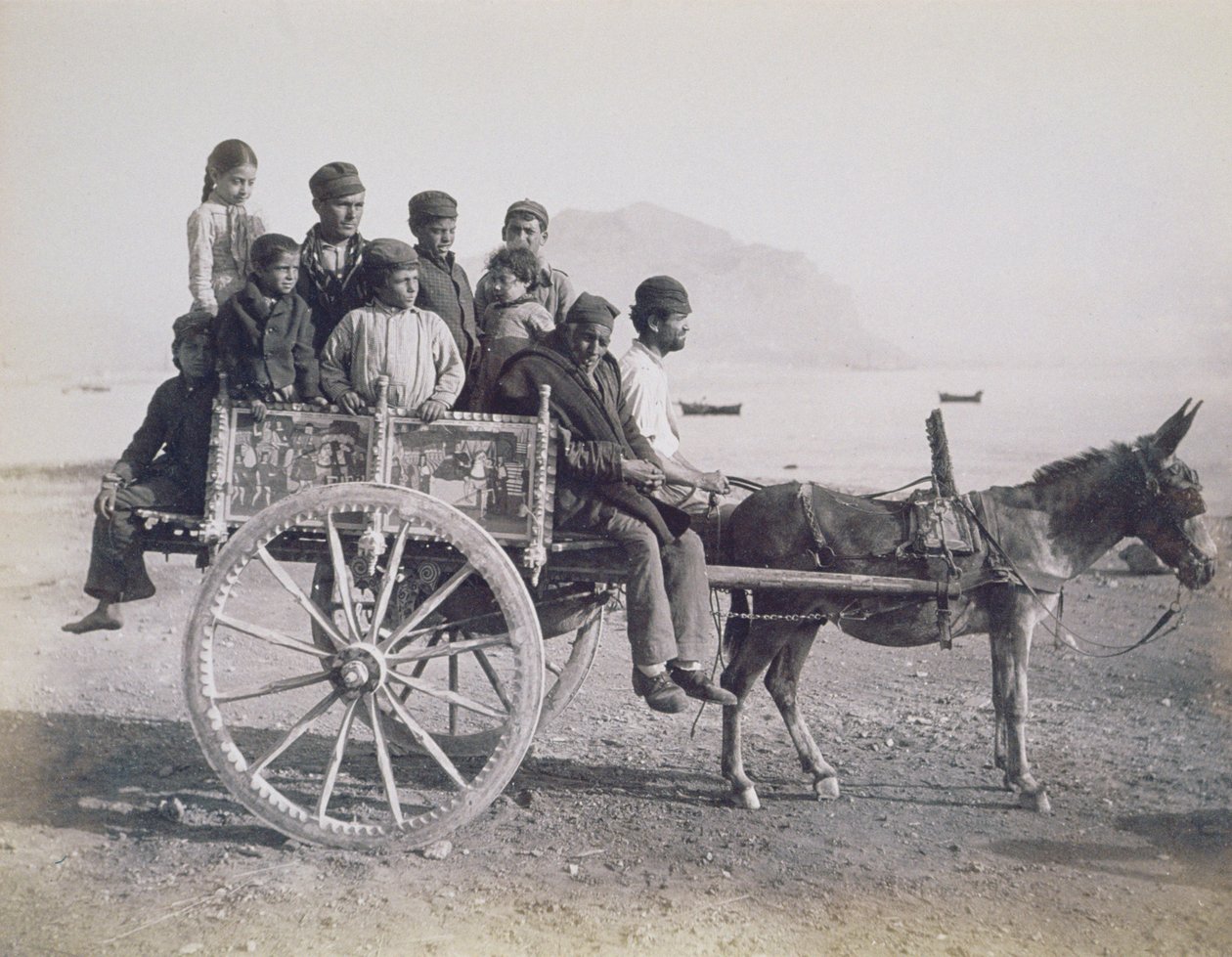 Zsúfolt kocsi, amelyet egy öszvér rajzolt, Palermo, Szicília, 1880 körül (albumnyomat) alkotó: Giorgio Sommer
