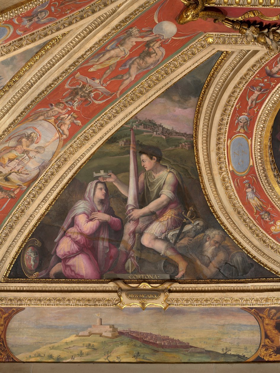 Cortona -allegória; alulra, kilátás Montecarlo -ra alkotó: Giorgio Vasari