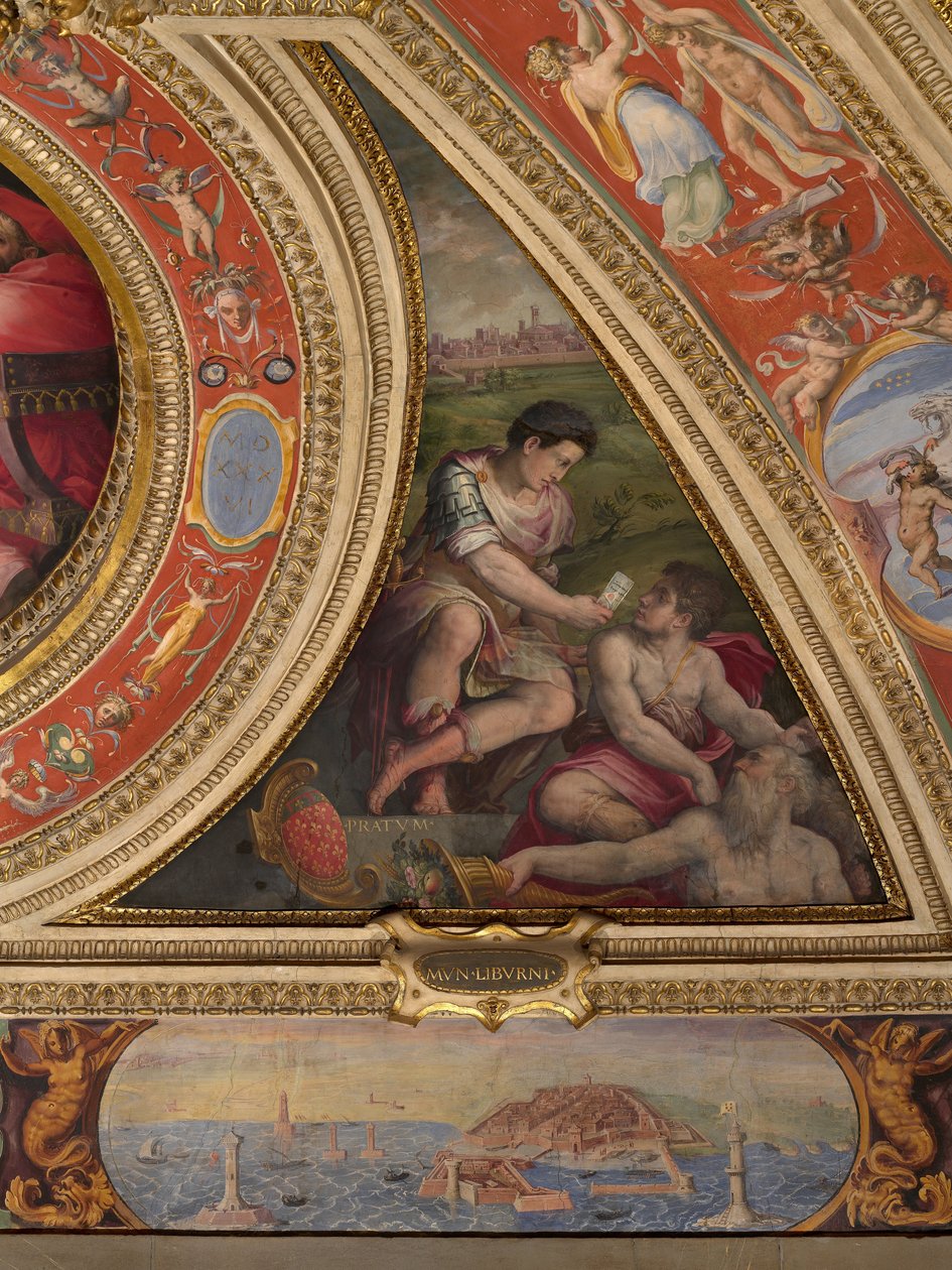 Prato -allegória; alul, Livorno látképe alkotó: Giorgio Vasari