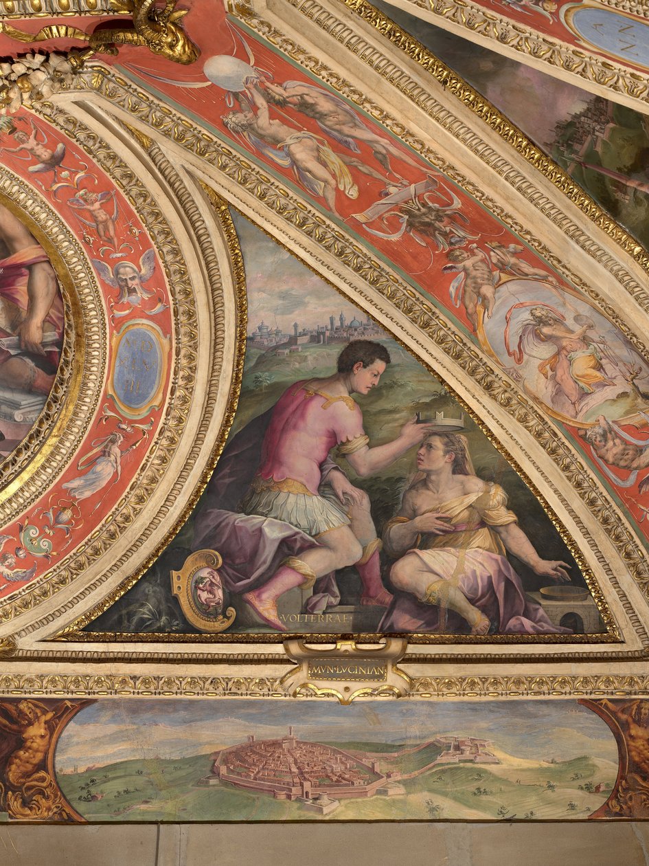 Volterra -allegória; alul, Lucignano kilátása alkotó: Giorgio Vasari