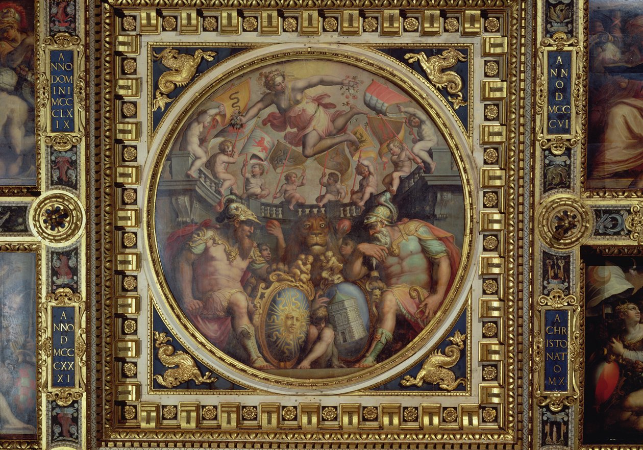 Allegória a San Giovanni és a Santa Maria Novella városrészekről a Sala dei Cinquecento mennyezetéről, 1565 (tábla) alkotó: Giorgio Vasari