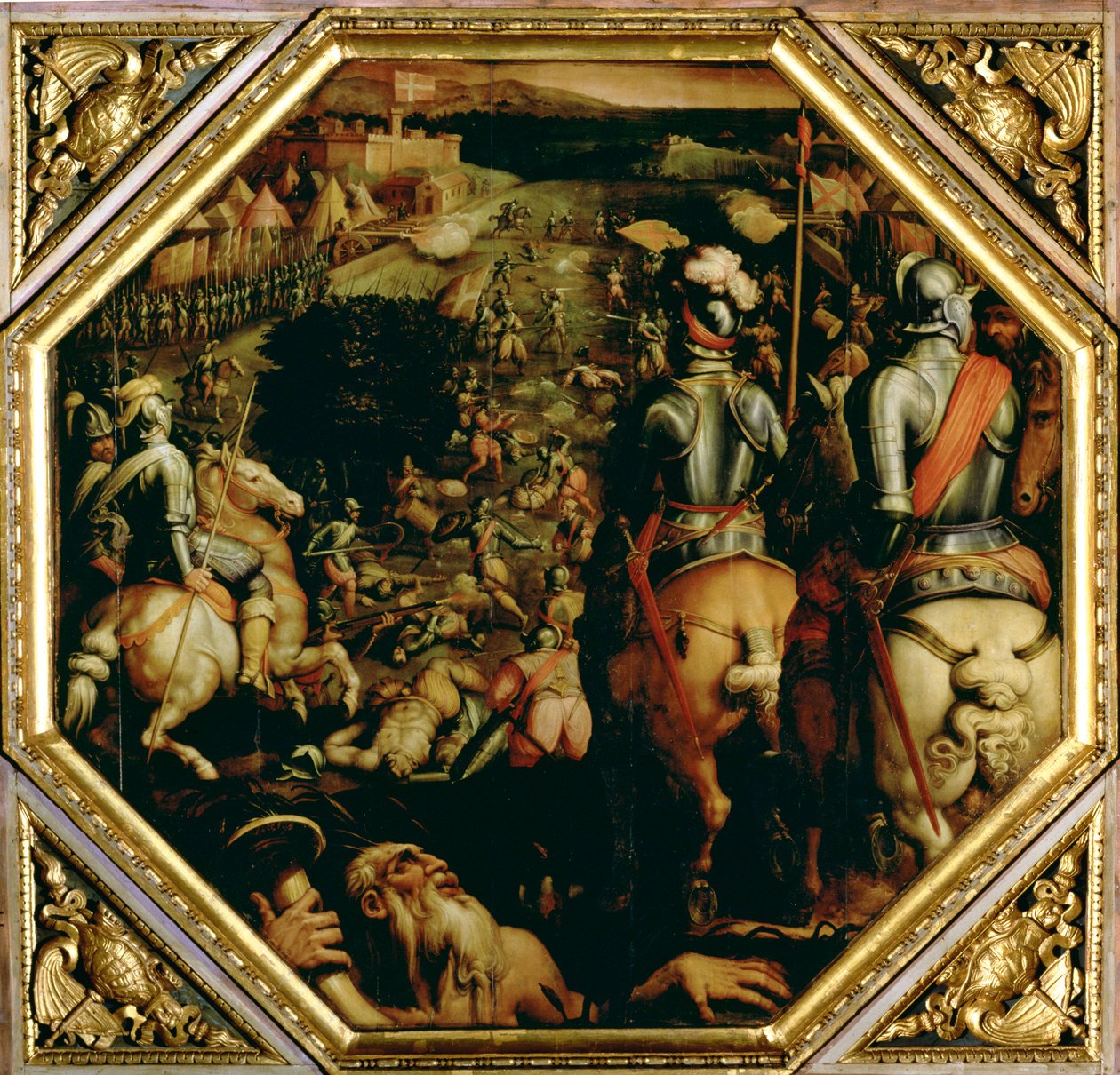 Marcianói csata 1553-ban, a Salone dei Cinquecento mennyezetéről, 1565 (panel) alkotó: Giorgio Vasari