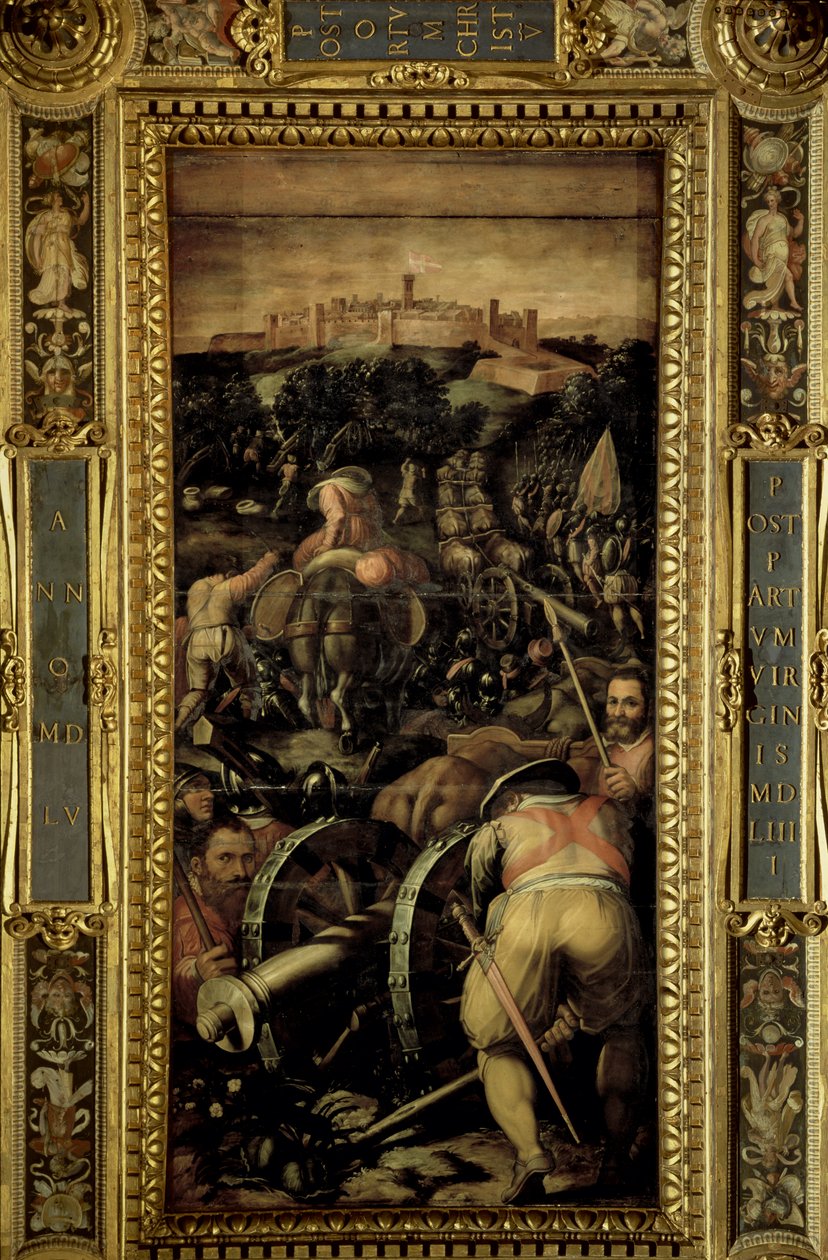 Monteriggioni elfoglalása a Salone dei Cinquecento mennyezetéről, 1565 (panel) alkotó: Giorgio Vasari