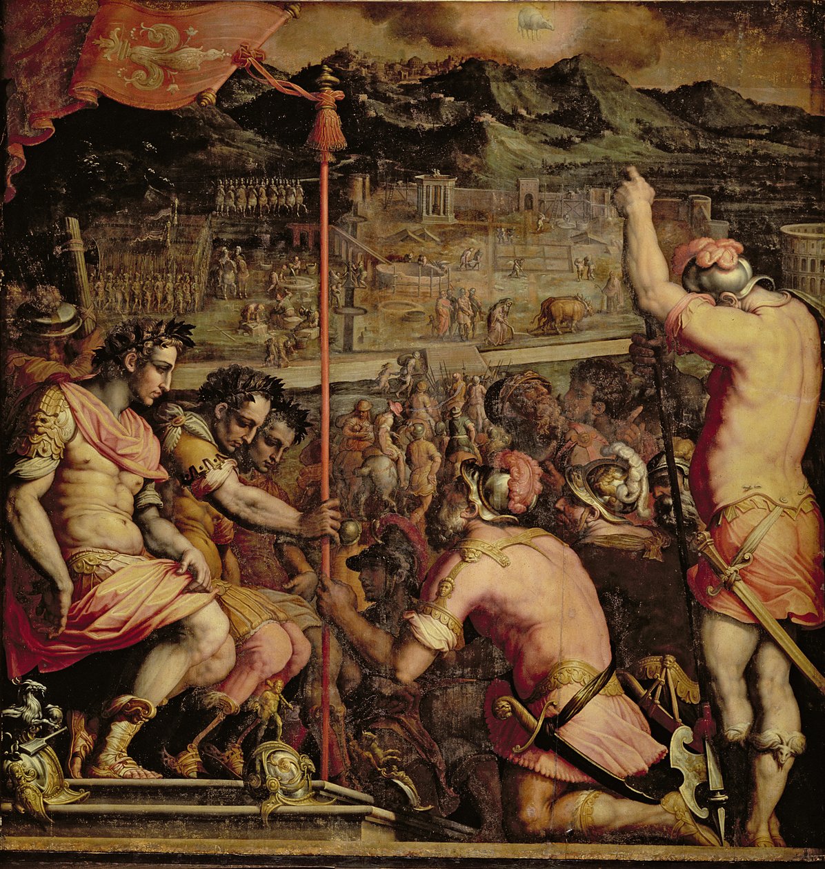 Firenze alapítása a Salone dei Cinquecento mennyezetéről, 1565 (panel) alkotó: Giorgio Vasari