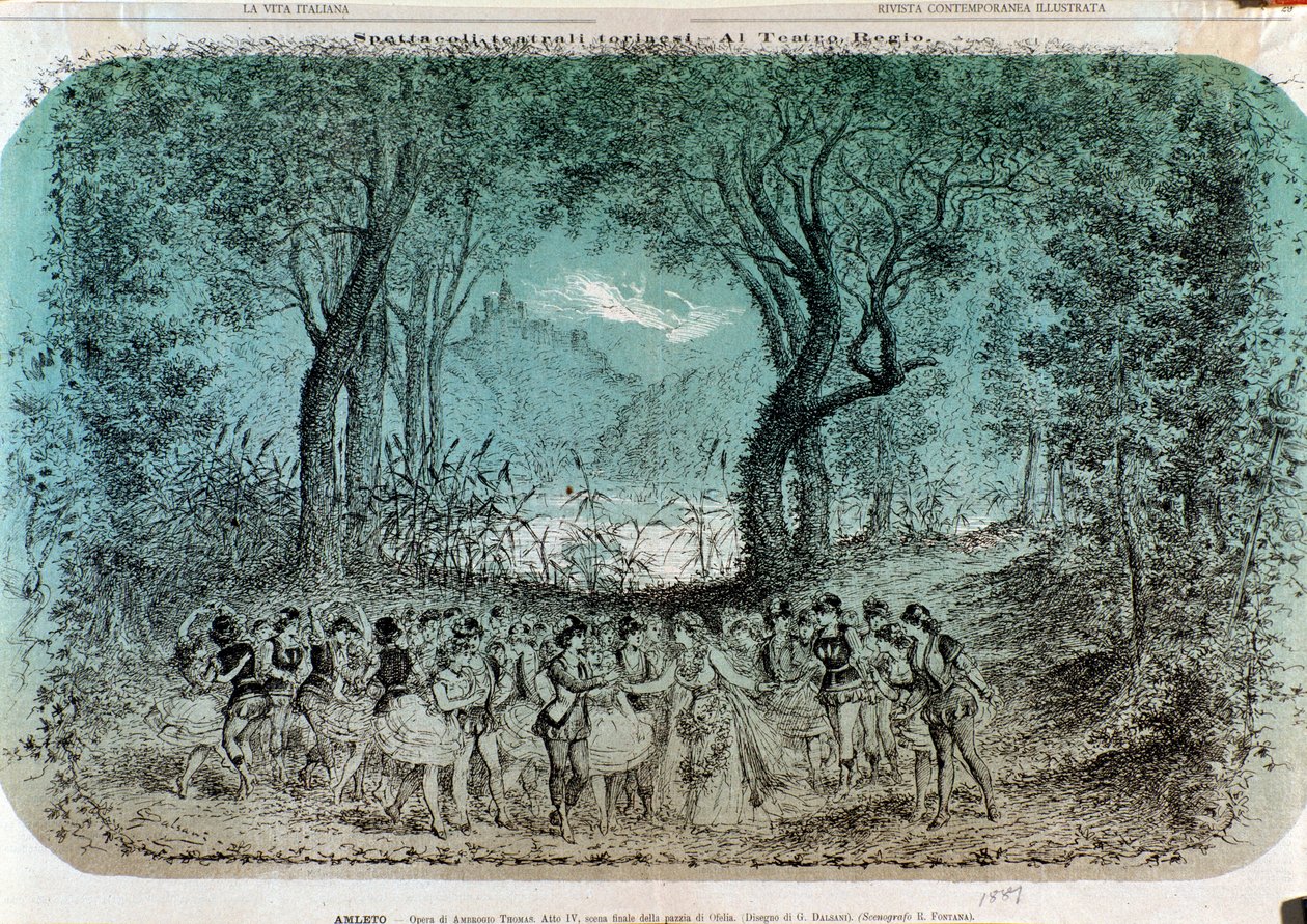 Illusztráció Ophelia őrületének jelenetéhez a Hamletben, Ambroise Thomastól alkotó: Giorgio Dalsani